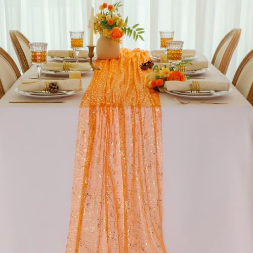 3Pcs Orange Gold Table Runner Metallic Foil Shimmer Sheer Gauze Decor 10ft by Snowkingdom