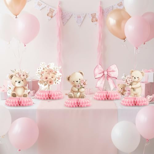 12 Pcs Pink Teddy Bear Baby Shower Decorations for Girl - We Can Bearly Wait Baby Shower Decorations - Pink Bear Balloon Centerpieces for Tables - Girl Baby Shower Honeycomb Table Decor 1st Birthday - Image 4