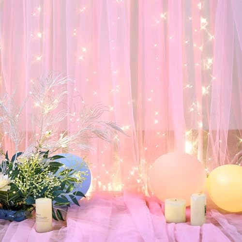Pink Backdrop Curtains with Lights String for Baby Shower Girl Parties Sheer Tulle Backdrop Curtain Panels for Birthday Party Bridal Shower Photo Shoot Background Decorations 10×10ft (2 Panels 5×10ft) - Image 5