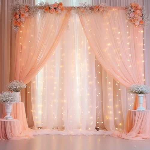 30×10ft Peach Tulle Backdrop Curtain with Lights String for Parties, Sheer Curtain Backdrop Drapes for Wedding Party Home Decorations - Image 6