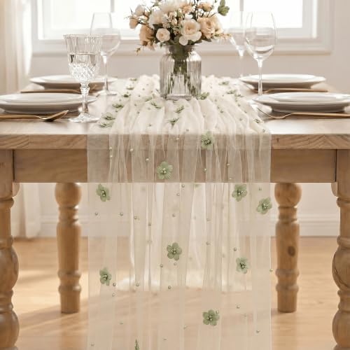 Artoid Mode Sage Green Flower Pearl White Gauze Table Runner 10FT, Seasonal Sheer Dining Holiday Wedding Birthday Baby Shower Table Decor for Home Party - Image 2