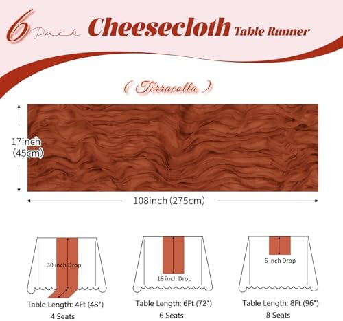 6 Pack Terracotta Cheesecloth Table Runner, 17 x 108 inch, Semi Sheer Boho Cheese Cloth Fabric Table Runner Bulk for Wedding, Birthday, Party, Holiday, Home Decor (Terracotta) - Image 3