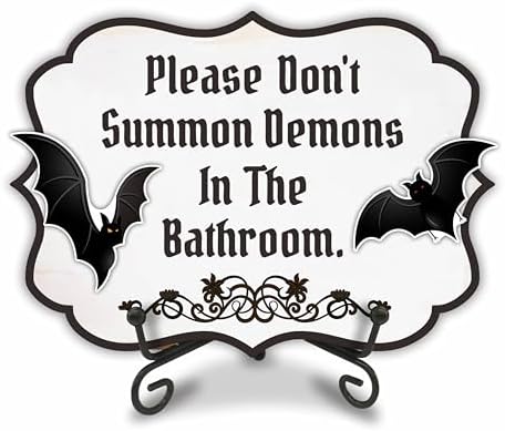 Halloween Wooden Decoration-Please Don't Summon Demons In The Bathroom Wooden Sign With 2 DIY Stickable Wood Decor & A Metal Support- Home Decoration-Halloween Bat Welcome Decor Plaque-A08 by AMHGLW