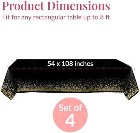 Prestee 4 Pack Gold and Black Table Cloth Rectangle Table Covers 54 x 108 Inches - Plastic Table Cloth Disposable for Parties, Dining and Events - Black Tablecloths for Weddings and Celebrations - Image 3
