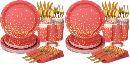 168Pcs Red and Gold Party Decorations, Red Plates and Napkins Party Supplies Serve 24, for Birthday Chinese New Year, Valentines, Mardi Gras (Pack of 2) by Gudvilla