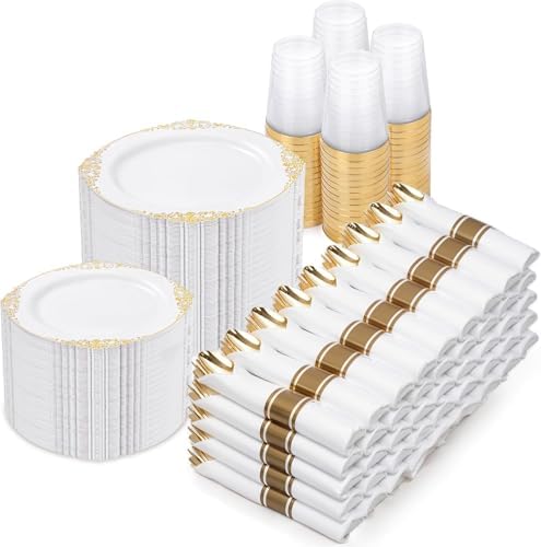Nervure 700Pcs Gold Plastic Plates, Plastic Dinnerware Set for 100 Guests by Nervure