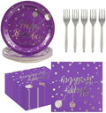 75PCS Happy Birthday Paper Plates and Napkins Set Purple&Sliver Plates by BOKFJBP