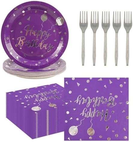 75PCS Happy Birthday Paper Plates and Napkins Set Purple&Sliver Plates by BOKFJBP