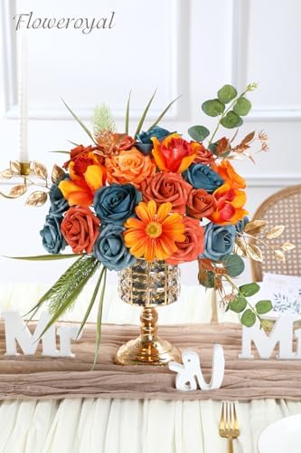 Floweroyal Artificial Flowers Combo Orange Flowers Mix Silk Flowers Fake Roses with Stems for DIY Wedding Bridal Bouquets, Baby Shower, Floral Arrangement, Table Centerpieces, Home Decorations - Image 3