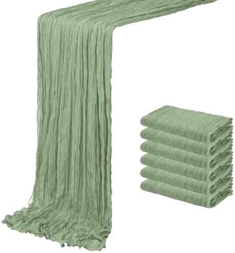 6 Pack Sage Green Cheesecloth Table Runner 20 x 120 inch Gauze Table Runners 10 FT Long,Semi Sheer Boho Cheese Cloth Fabric Table Runner Bulk for Wedding,Party,Baby Shower,Bridal Shower Decoration by ACSUIT