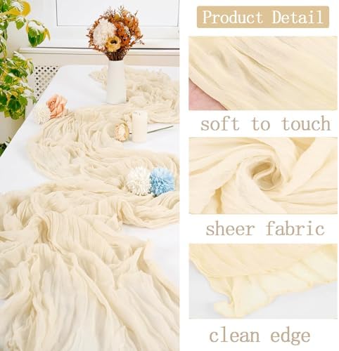 6 Pack Ivory Cheesecloth Table Runner 20 x 120 inch Gauze Table Runners 10 FT Long,Semi Sheer Cheese Cloth Fabric Table Runner Bulk for Wedding,Party,Baby Shower,Bridal Shower Decoration - Image 3