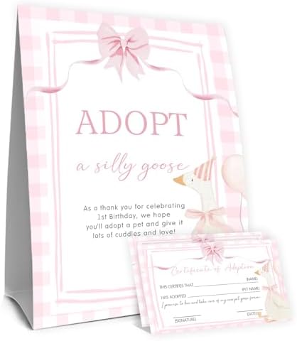 One Silly Goose Birthday Decor,Adopt a Goose Party Favor,Pink First Birthday Party Games & Activities 50 Cards and Sign for One Year Old Girls Newborn Baby Shower First Bday Party Supplies by Unknown