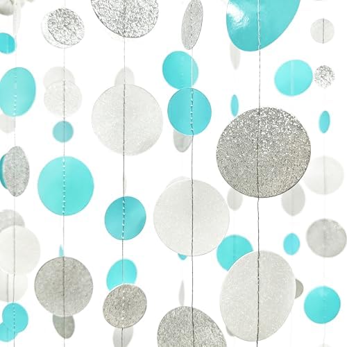 Teal Blue Silver White Party Polka Dot Garland Banner Aqua Turquoise Glitter Silver White Hanging Paper Circle Dots Streamer for Birthday Wedding Bridal Shower Party Decorations Supplies - Image 3
