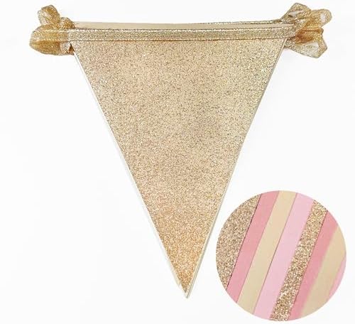 Champagne Gold Dusty Rose Pink Beige Party Pennant Banner Flag Hanging Glitter Paper Triangle Bunting for Women Girls Birthday Wedding Bridal Shower Holiday Party Decorations Supplies - Image 3