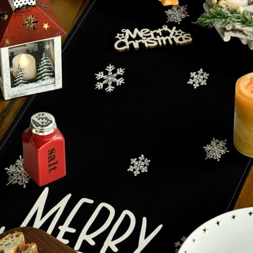 Artoid Mode Xmas Trees Snowflakes Black Merry Christmas Table Runner, Winter Seasonal Kitchen Dining Table Decoration for Home Party Decor 13x108 Inch - Image 3