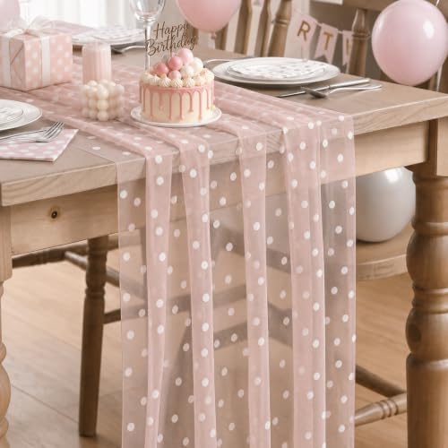 Artoid Mode Pink Gauze Flocking White Dots Table Runner 10FT,Seasonal Sheer Dining Table Decor for Wedding Anniversary Holiday Birthday Home Party by ArtoidMode