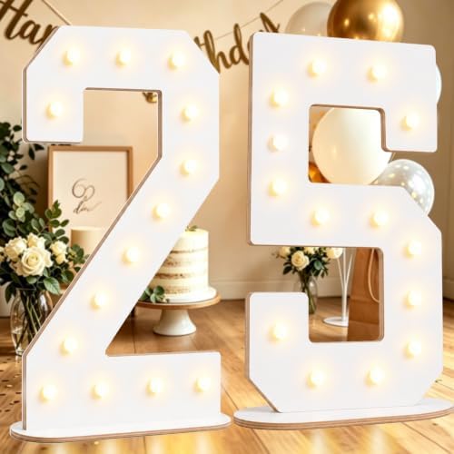 Pooqla 25th Birthday Decorations, 17.3 in White Wooden Light Up Numbers by Pooqla