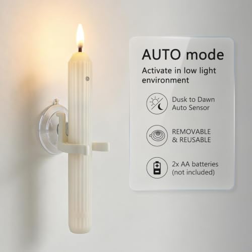 12 Flameless Led Taper Windows Candles with Sensor Dusk to Dawn & Ivory Striped Candlesticks with Suction Cups, Roman Column Christmas Window Candle Battery Operated for Home Decor - Image 3