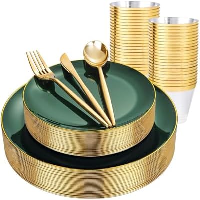 bUCLA 150PCS Green Plastic Plates - Green and Gold Disposable Include 25 Each (Dinner & Dessert) Plates, 25 Knives, 25 Forks, 25 Spoons and 25 Cups, Ideal for Party&Christmas by BUCLA