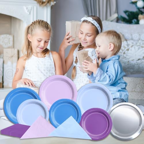 CMUSKO Winter Wonderland Decorations - 60Pcs Blue Purple Snowflake Plates & Napkins Set Winter Wonderland Tableware for Birthday Christmas New Year - Image 3