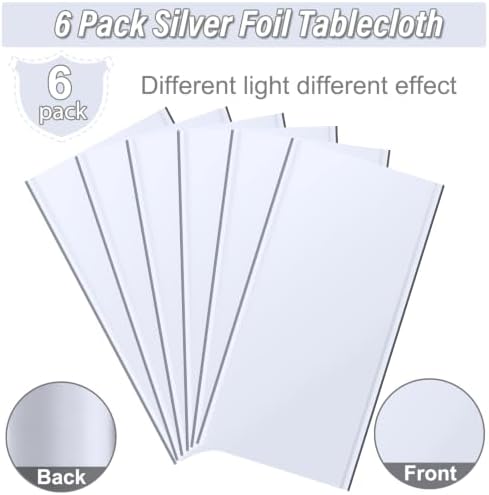 6 Pack Silver Plastic Tablecloth, Disposable Rectangle Table Covers, Holographic Metallic Foil Tablecloth Silver Party Supplies Decorations for Birthday Graduation Disco Bachelorette, 54x108Inch - Image 4