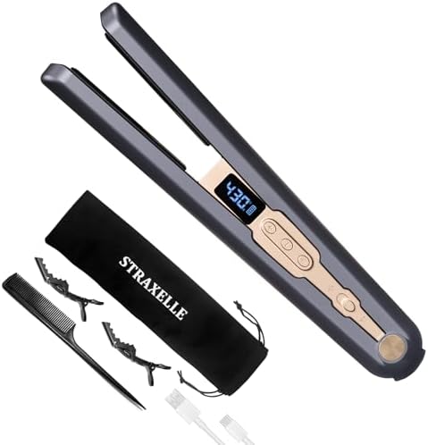 Cordless Hair Straightener, 10000mAh Rechargeable Flat Iron Portable Travel Straightener with Negative Ion, LED Screen & 3D Floating Plates, 2 in 1 Straightener and Curler (Dark Blue + Gold) by Unknown