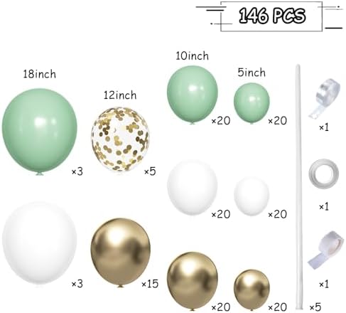MEBAY Sage Green White Gold Balloon Garland Arch Kit, 146Pcs Latex Balloons Different Sizes 18 12 10 5 Inch for Birthday Baby Shower Gender Reveal Wedding Party Decoration - Image 2