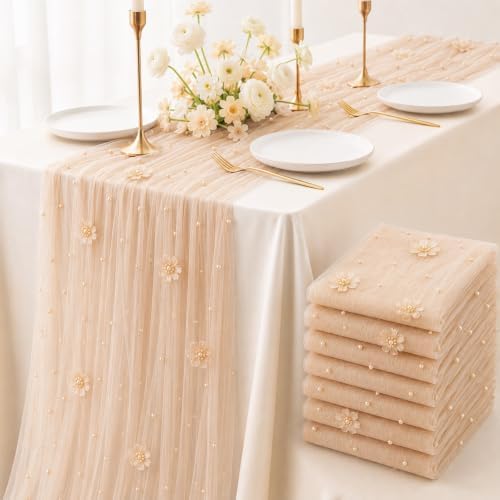 6 Pcs 29x120'' Pearl Tulle Table Runner 10ft Wedding Tablecloth, Gold by Unknown