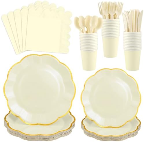 175 Pcs Ivory and Gold Paper Plates and Napkins Tableware set for 25 Guest by NatNarr