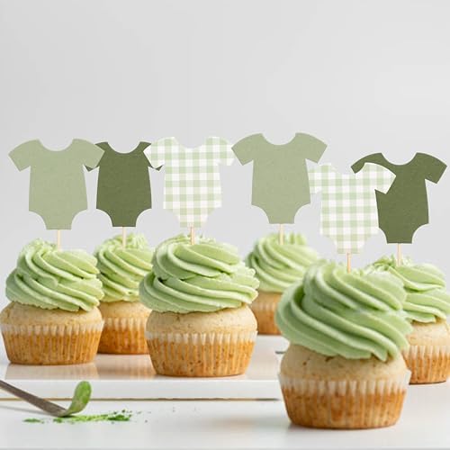 Saga Green Gingham Baby Shower Bodysuit Cupcake Topper,Blue Gingham Decor - Image 3