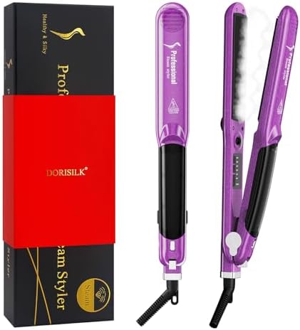 DORISILK 2.0 Upgraded Steam Straighteners for Hair, Professional Salon Ceramic Vapor Steam Flat Iron Hair Straightener and Curler 2 in 1 Straightening Curling Iron 1″, Dual Voltage LED Temp, Purple by DORISILK