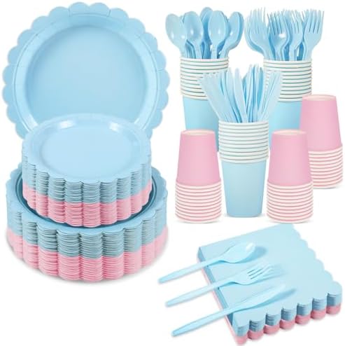 50 Set Baby Gender Reveal Plates Napkins, Pink Blue Party Tableware by Xiangqu