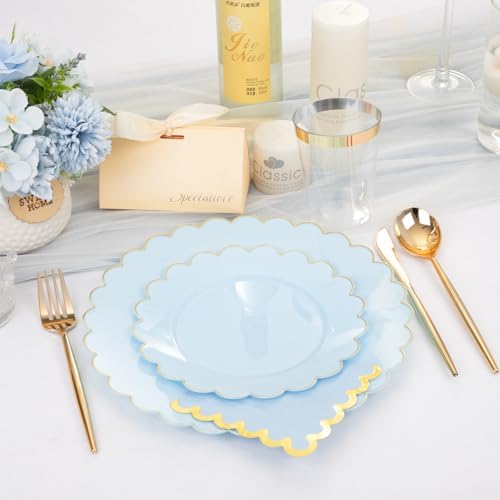 LIYH 210 Pcs Light Blue Plastic Dinnerware Set - Baby Blue Plastic Plates Napkins with Gold Foil Include Bridal Shower Plates Disposable Gold Silverware Napkins Cups for Birthday 30 Guests - Image 3