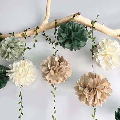 Sage Green Beige Party Decorations Tissue Paper Flowers Pom Pom with Leaf Ribbon Hanging Garland Streamer for Neutral Birthday Wedding Bachelorette Safari Jungle Woodland Party Supplies - Image 5