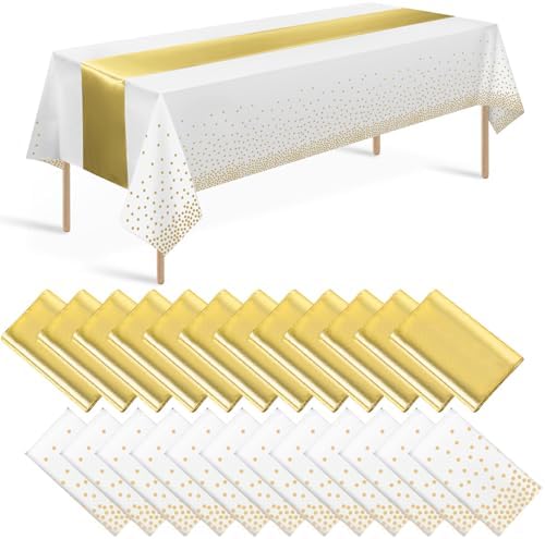 24 Pack White and Gold Tablecloth and Table Runner Set Party Decorations, White and Yellow Gold Plastic Disposable Tablecloth and Satin Table Runner for Wedding Birthday Graduation Anniversary Party by Zachely