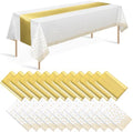 24 Pack White and Gold Tablecloth and Table Runner Set Party Decorations, White and Yellow Gold Plastic Disposable Tablecloth and Satin Table Runner for Wedding Birthday Graduation Anniversary Party by Zachely