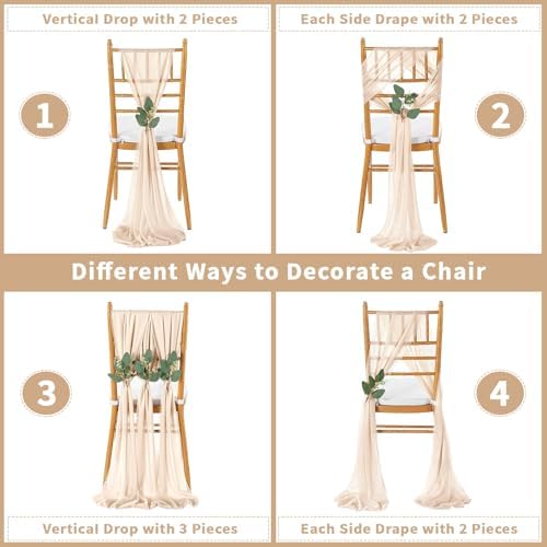QueenDream Wedding Chair Sashes Aisle Decorations: 24 Pack Champagne Chair Cover 8FT Long Tulle Draping Fabric Reception Church - Image 4