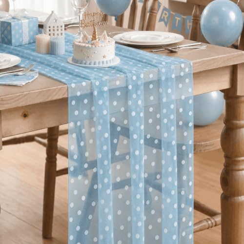 Artoid Mode Light Blue Gauze Flocking White Dots Table Runner 10FT,Summer Sheer Dining Table Decor for Wedding Anniversary Holiday Birthday Home Party by ArtoidMode