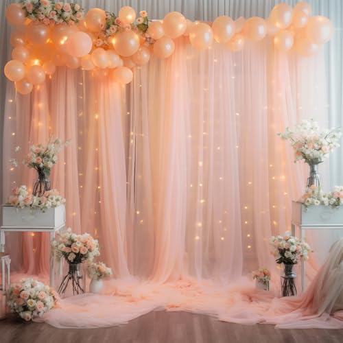 20ft x 10ft Peach Backdrop Curtain with Lights String for Parties, Sheer Tulle Wedding Photo Backdrops Drapes for Baby Shower Birthday Party Decorations Background for Photography - Image 5