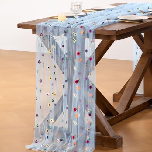 Flower Table Runner Fall Daisy Floral Tulle Cheesecloth Wedding Decor - Image 3