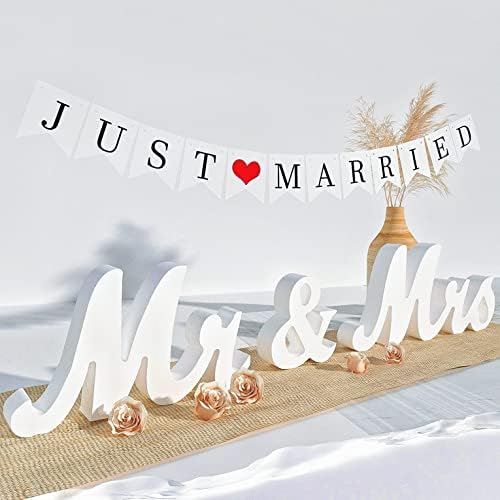VIOPVERY Wooden Mr & Mrs Wedding Sign with Just Married Banner,White - Image 2
