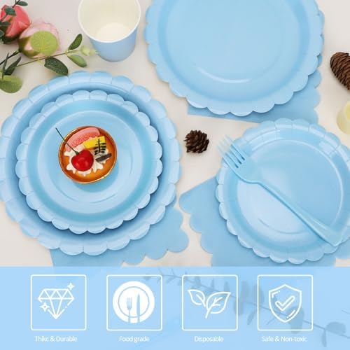 200Pcs Light Blue Party Plates and Napkins, 9’’and 7’’ Disposable Scalloped Baby Blue Paper Plates Cups Napkins Forks Set Party Supplies for Birthday, Wedding, Baby Shower Party Decorations, Serves 40 - Image 3