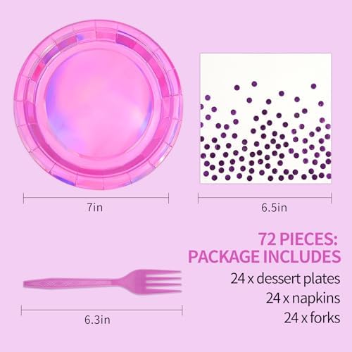 72Pcs Iridescent Pink Plates and Napkins Party Supplies, Hot Pink Holographic Disposable Paper Plates Napkins with Forks Tableware Set for Birthday Graduation Kpop Party Decorations - Image 2