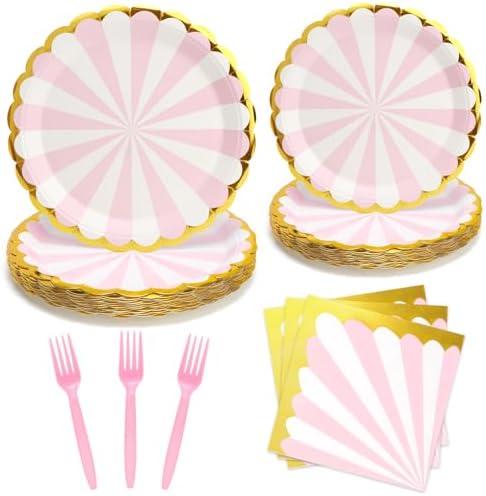 96PCS Pink Party Paper Plates with Gold Scalloped Edge, Pink Scalloped 9inch 7inch Dessert Paper Plates Party Supplies for Birthday Bridal Shower Picnic, Serve for 24 Guests, Striped by WelcometoUVTQSSP
