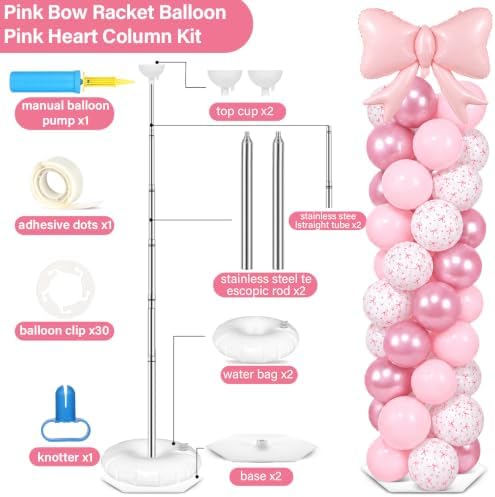 2 Sets Pink Bow Balloon Column Stand Adjustable Pink Heart Balloon Decor - Image 2