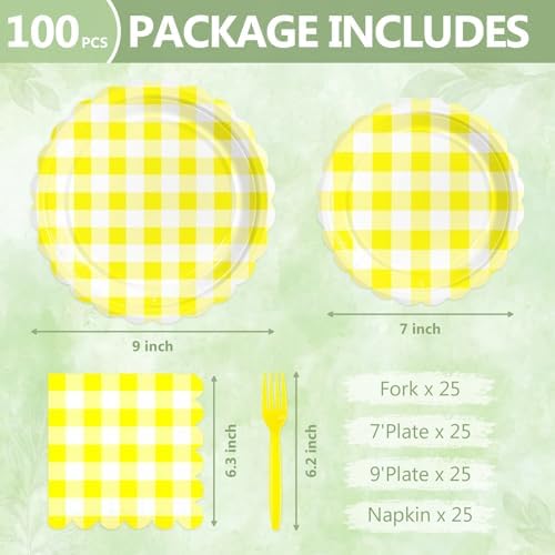 100 Pcs Yellow Gingham Paper Plates and Napkins Disposable Set for Party - Image 2