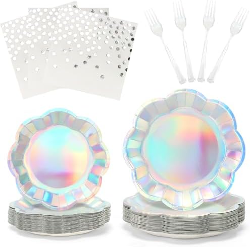 100pcs Iridescent Party Plates and Napkins | 25 7inch Dessert Plates | 25 9inch Disposable Plates | 25 Napkins | 25 Forks Holographic Party Supplies for Mermaid Birthday Wedding Bridal Shower Party by CENLBJ