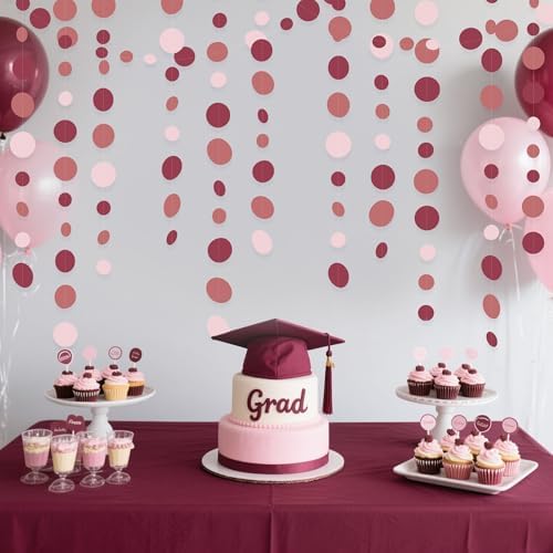 Burgundy Dusty Pink Decorations Circle Dot Garland Maroon Pink Hanging Polka Dot Streamer Banner for Wedding Birthday Bridal Shower Engagement Graduation Anniversary Garnet Party Supplies - Image 7