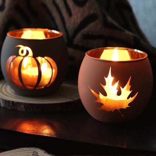 SHMILMH Thanksgiving Votive Candle Holder Set of 12, Glass Tealight Votives Holder with 6 Laser Engraving Patterns, Fall Table Centerpiece Indoor Outdoor Decor - Image 3