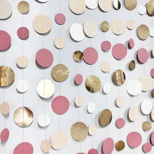 Champagne Gold Dusty Pink Decorations Circle Dots Garland Gold Pink Nude Neutral Cream White Boho Hanging Polka Dot Streamer for Bridal Shower Birthday Wedding Engagement Party Supplies - Image 4
